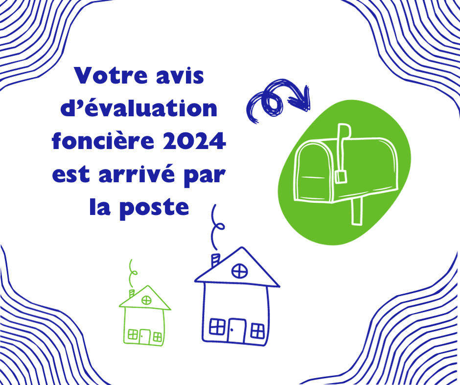 Une affiche avec des dessins et le texte "Votre avis d’évaluation foncière 2024 est arrivé par la poste".