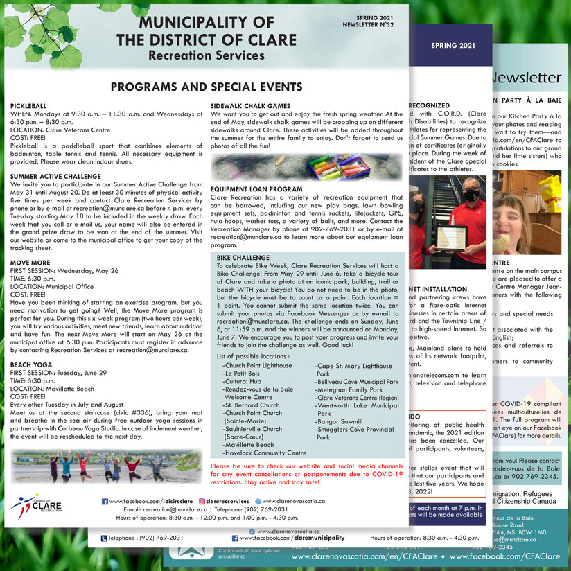 Snapshot of the Municipality of Clare’s Spring 2021 newsletter.