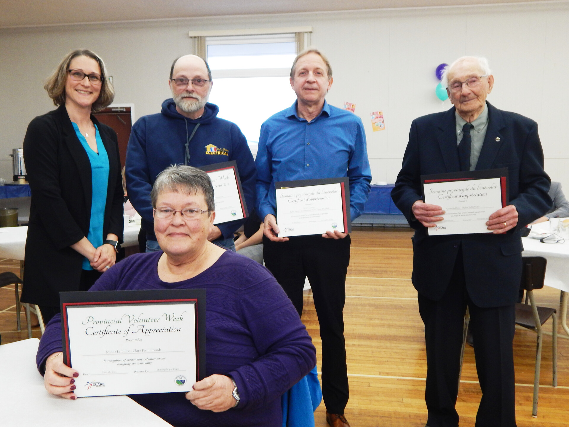 Clare Volunteer Award recipients for 2022 Back row, left to right: Councillor Nadine Comeau, Paul Deveau, Steven Gaudet andd Gerald LeBlanc Seated: Jeanne LeBlanc Absent: Yvonne and Gil Frechette, Jennifer Gaudet and Jean Gauvin