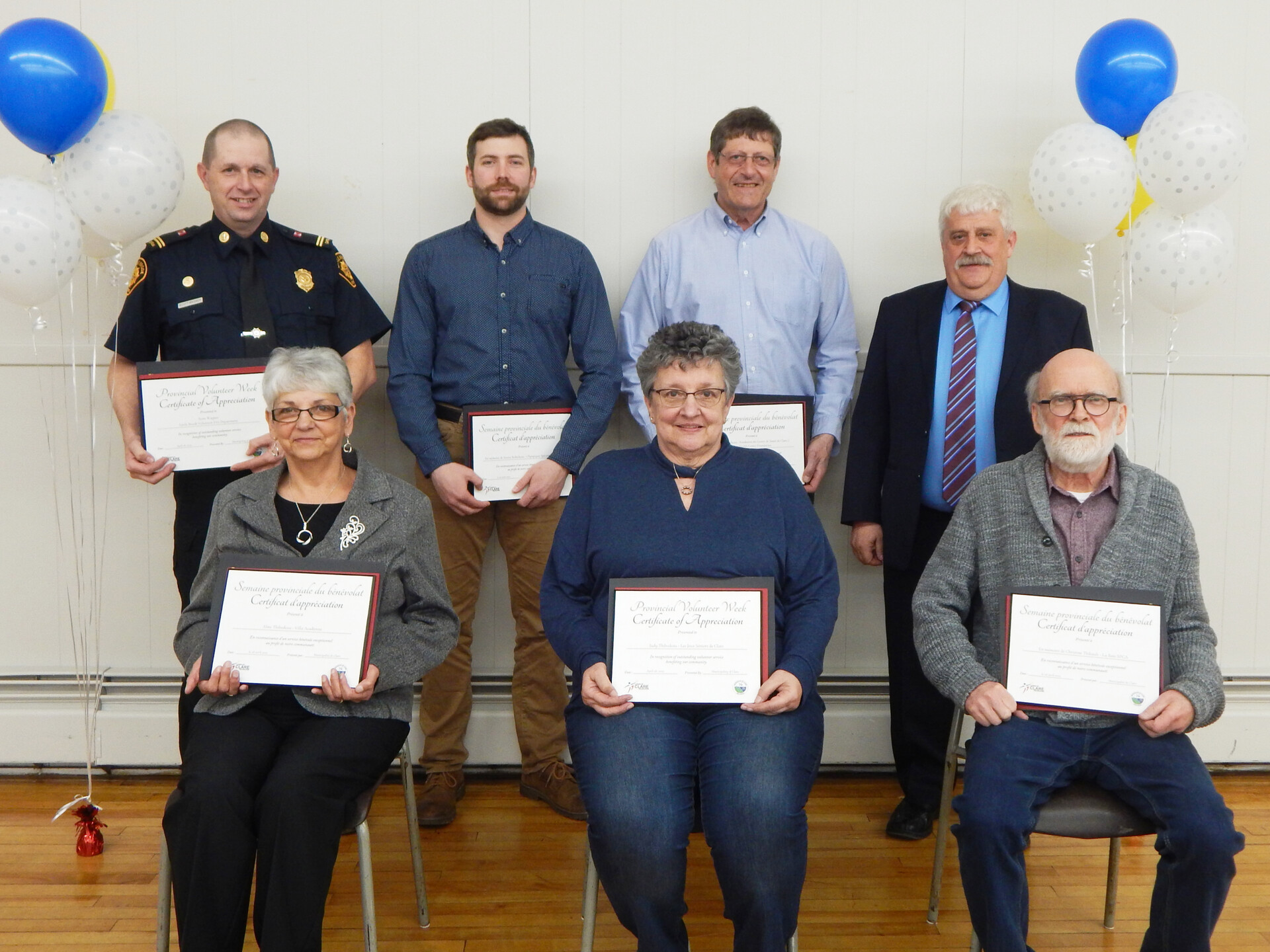 Clare Volunteer Award recipients for 2022 Back row, left to right: Scott Wagner, Jacques Robicheau (on behalf of Denise Robicheau), Richard Robicheau and Deputy Warden Eric Pothier Front row, left to right: Aline Thibodeau, Judy Thibodeau and Paul-Émile Comeau (on behalf of Christine Thibault) Absent: Gerard Pothier, Réanne Titus and Christine Tufts-O’Meara 