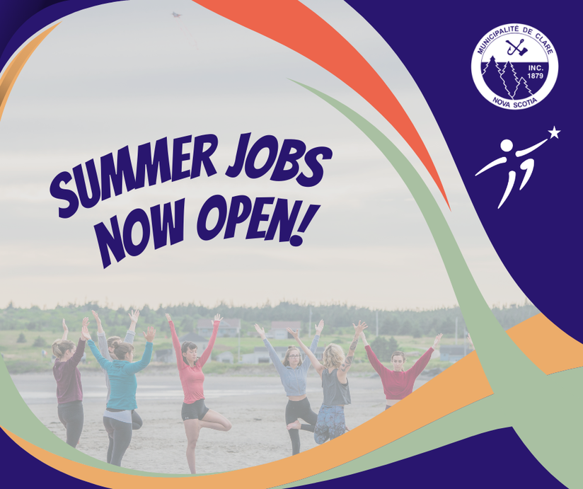 People doing yoga on Mavillette Beach with some design elements over the photo and the text 