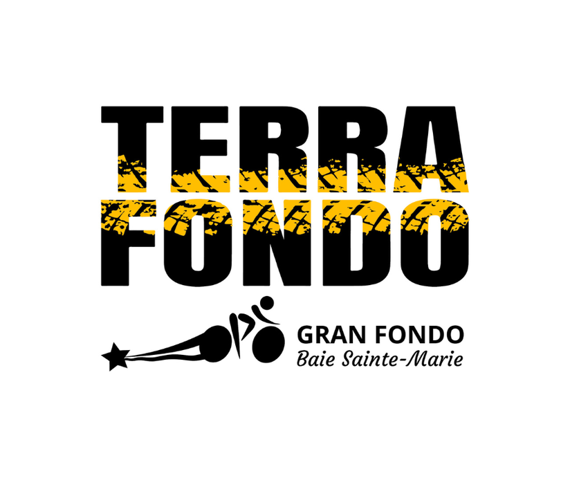 Le logo Terra Fondo qui est le texte "Terra Fondo" en noir avec des marques de pneus jaunes dans les lettres. 